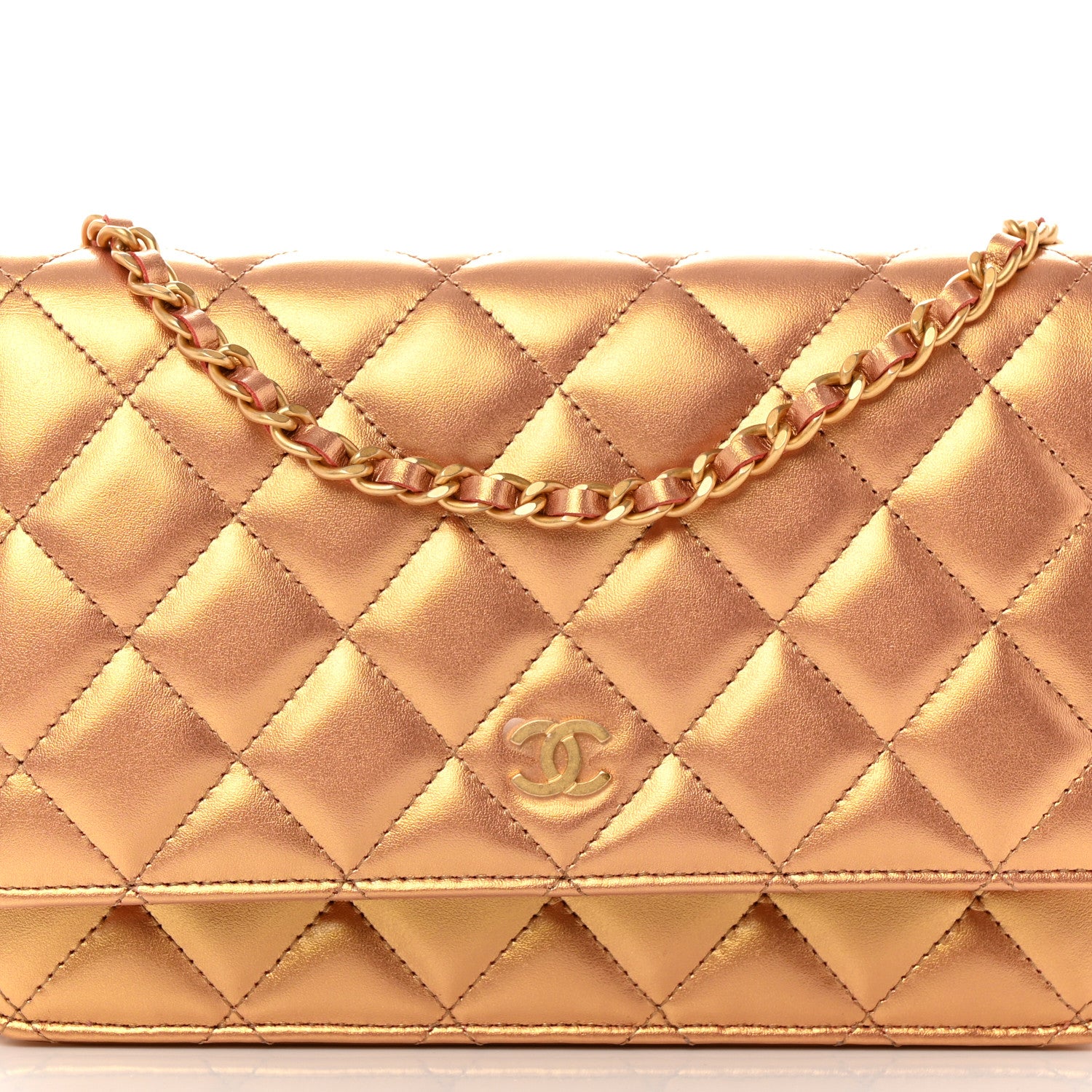 Chanel Metallic Lambskin Quilted Wallet On Chain WOC Golden 9 of 12