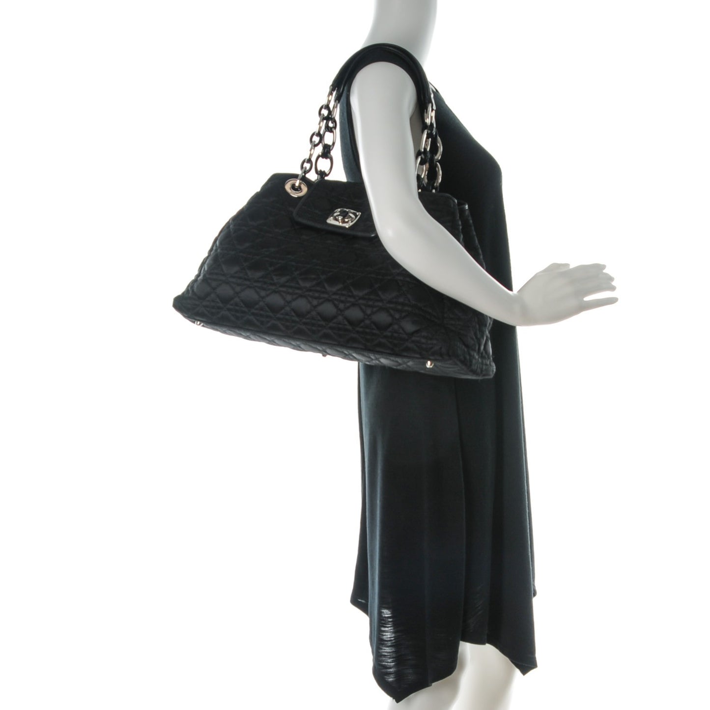 Satin Cannage Charming Lock Flap Shoulder Bag Black