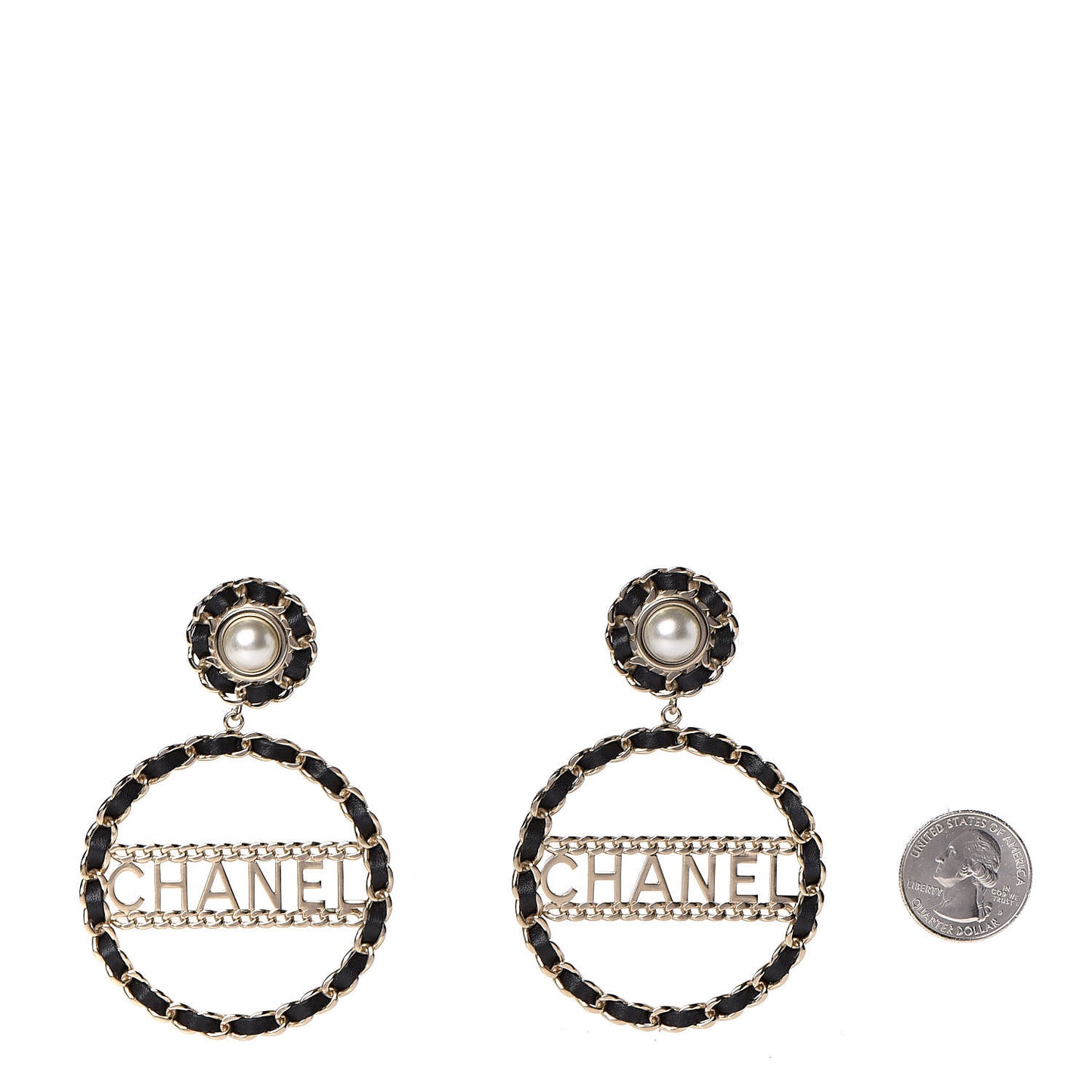 Pearl Lambskin Chain Logo Hoop Clip On Earrings Black Gold
