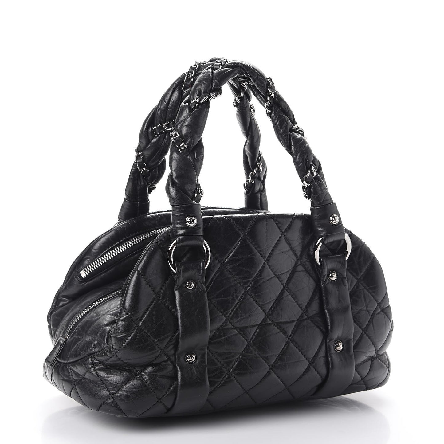 Distressed Lambskin Vintage Ligne Lady Braid Tote Black