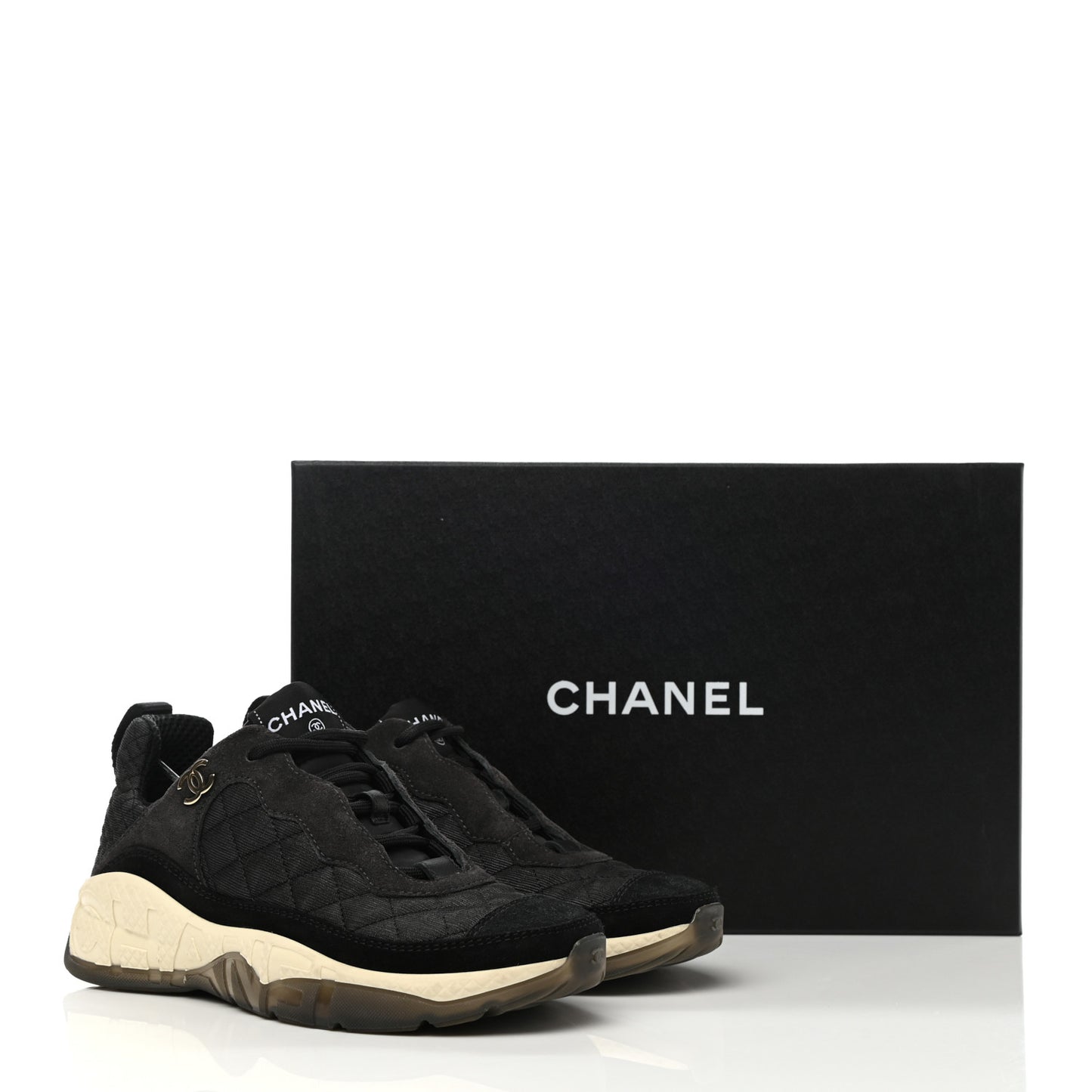 Mesh Suede Calfskin Quilted Sneakers 35 Black Dark Grey
