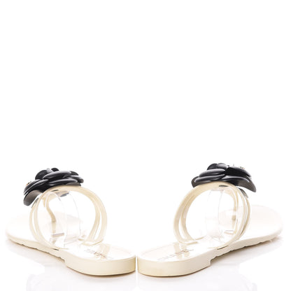 Chanel Jelly Camellia Thong Sandals 38 Ivory Black 5 of 15