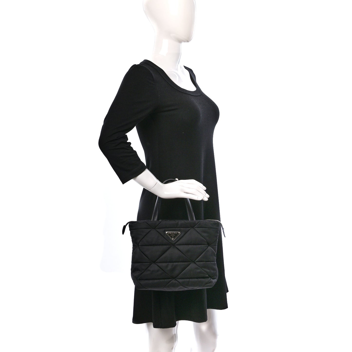 Re-Nylon Nappa Triangle Quilted Padded Double Handled Zip Pocket Tote Black