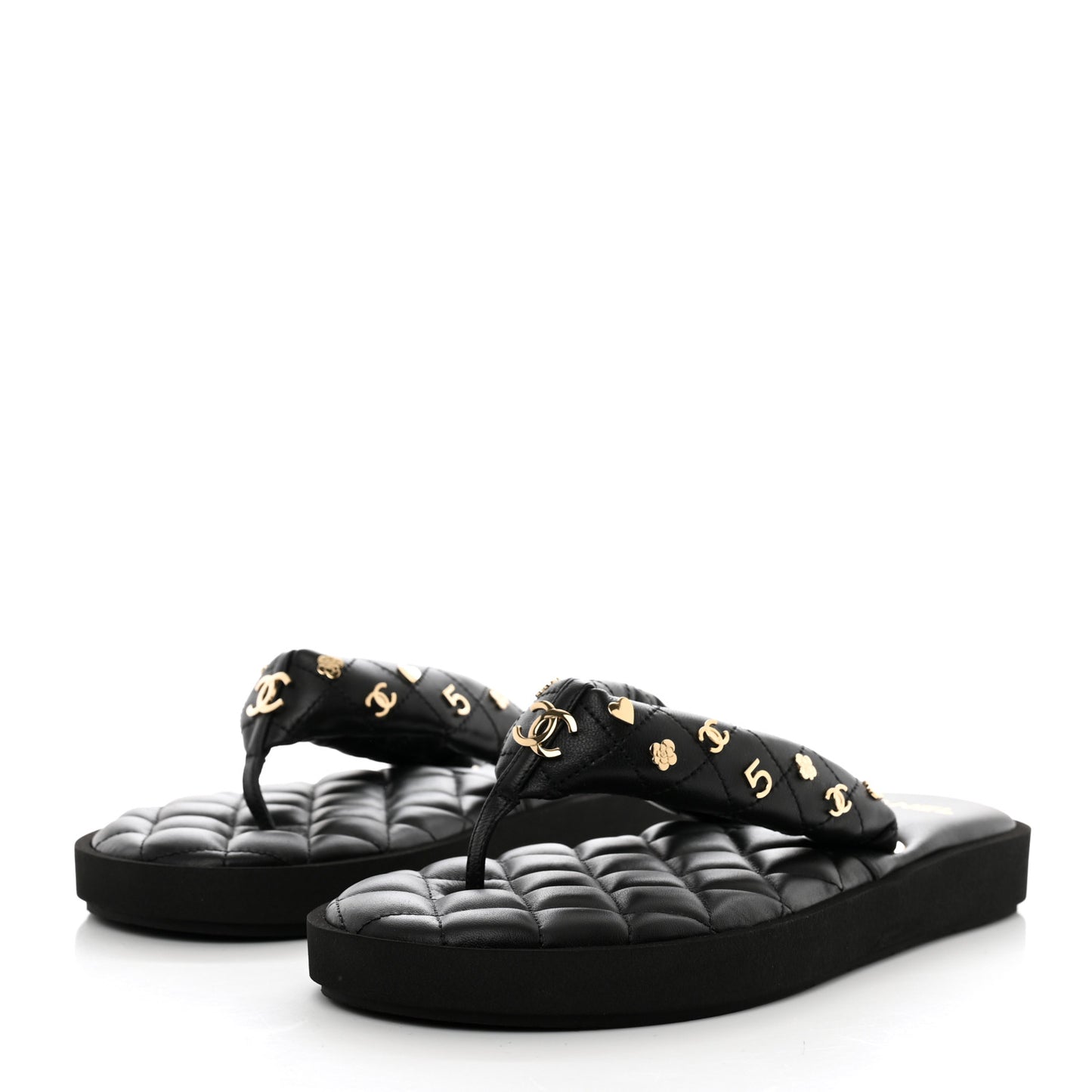 Lambskin Quilted Padded Charms Thong Sandals 41.5 Black