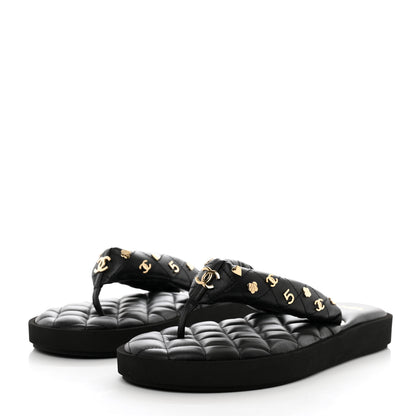 Chanel Lambskin Quilted Padded Charms Thong Sandals 41.5 Black 3 of 8