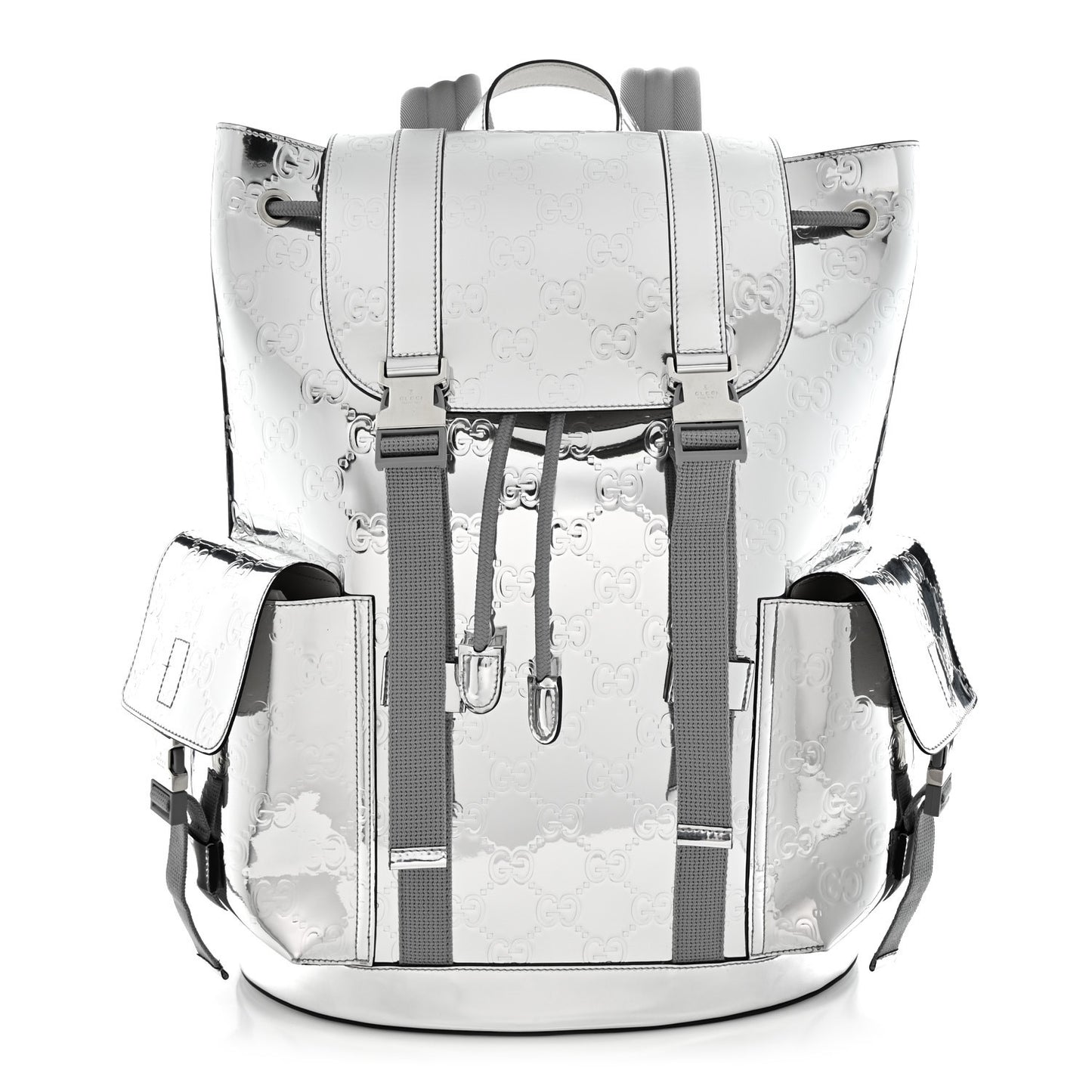 Mirror Effect GG Monogram Appia Calfskin Web Double Buckle Backpack Silver