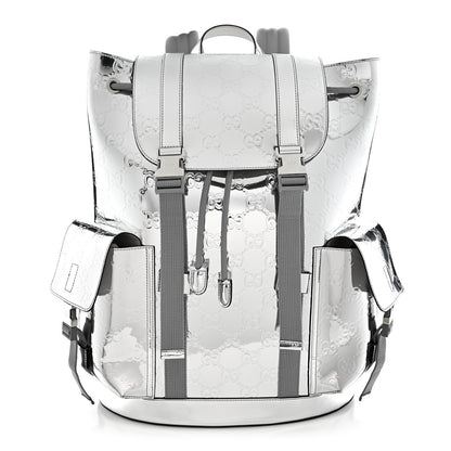Gucci Mirror Effect GG Monogram Appia Calfskin Web Double Buckle Backpack Silver 1 of 9