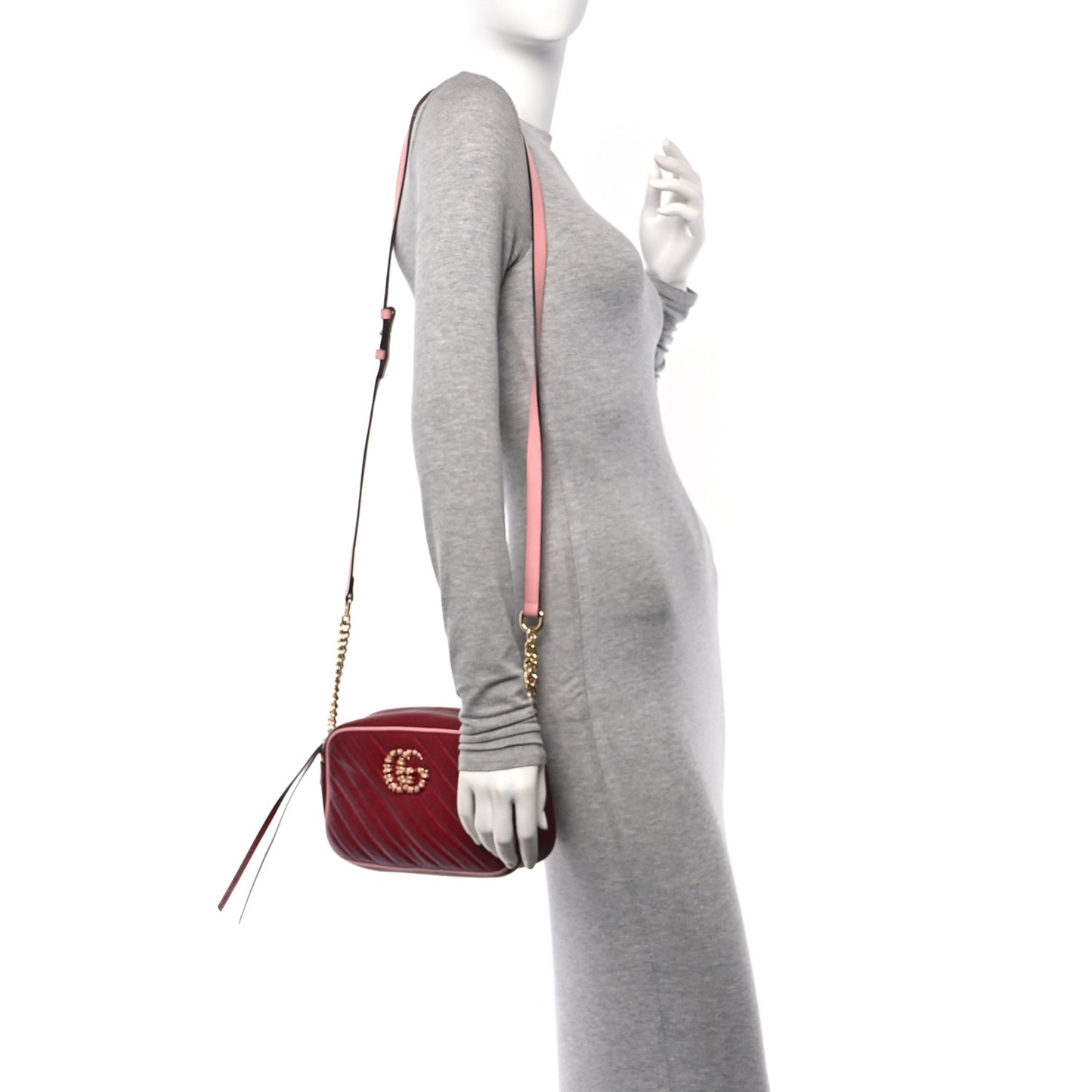 Azalea Calfskin Enamel Matelasse Diagonal Small Torchon GG Marmont Chain Shoulder Bag New Cherry Red Wild Rose