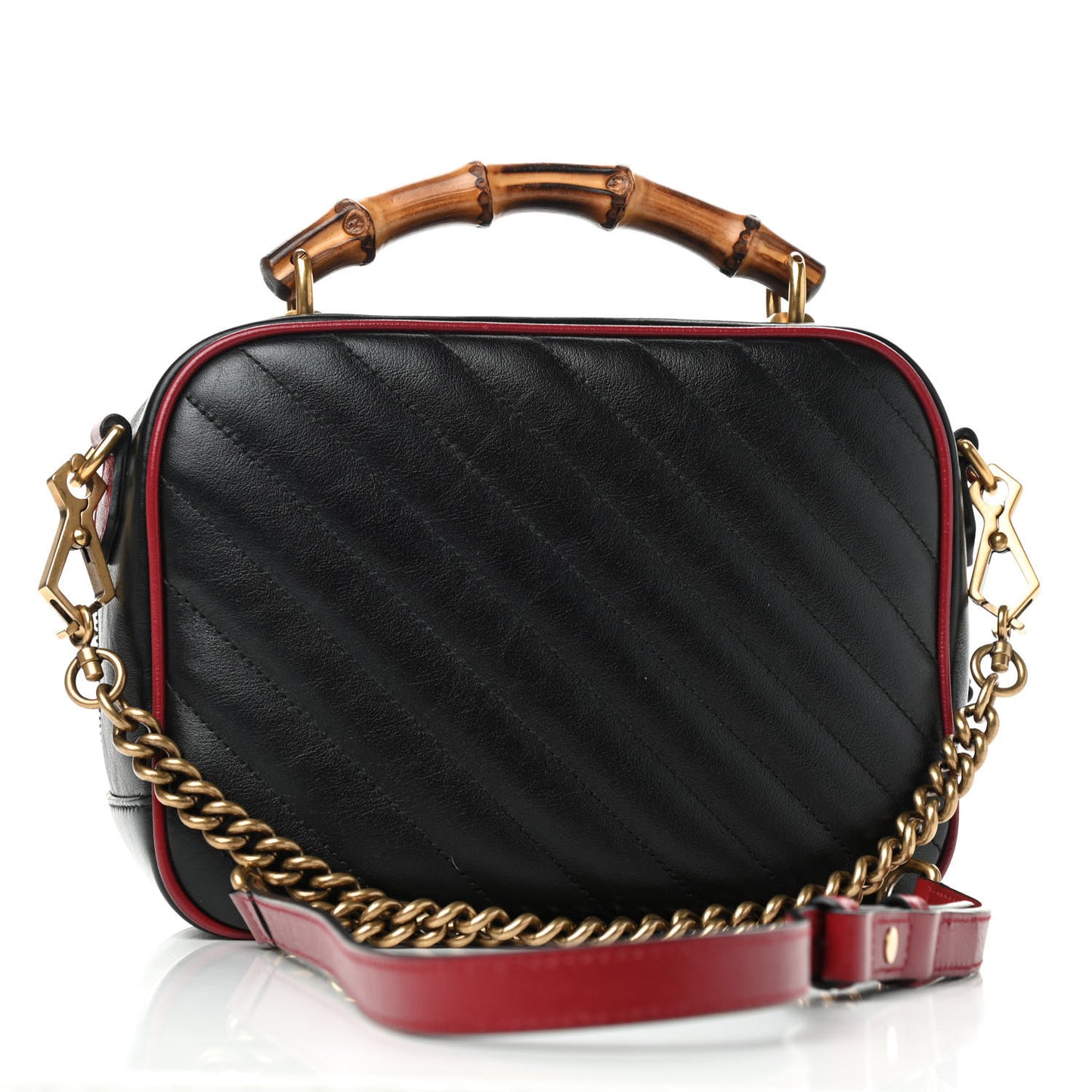 Vintage Effect Calfskin Matelasse Diagonal Small Torchon GG Marmont Bamboo Top Handle Shoulder Bag Black Romantic Cherry