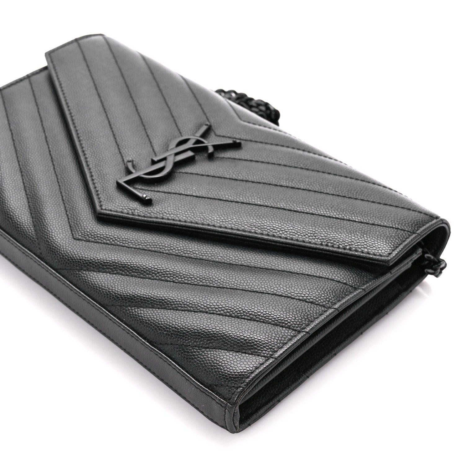 Saint Laurent Grain De Poudre Matelasse Chevron Monogram Monochrome Chain Wallet Black 11 of 13