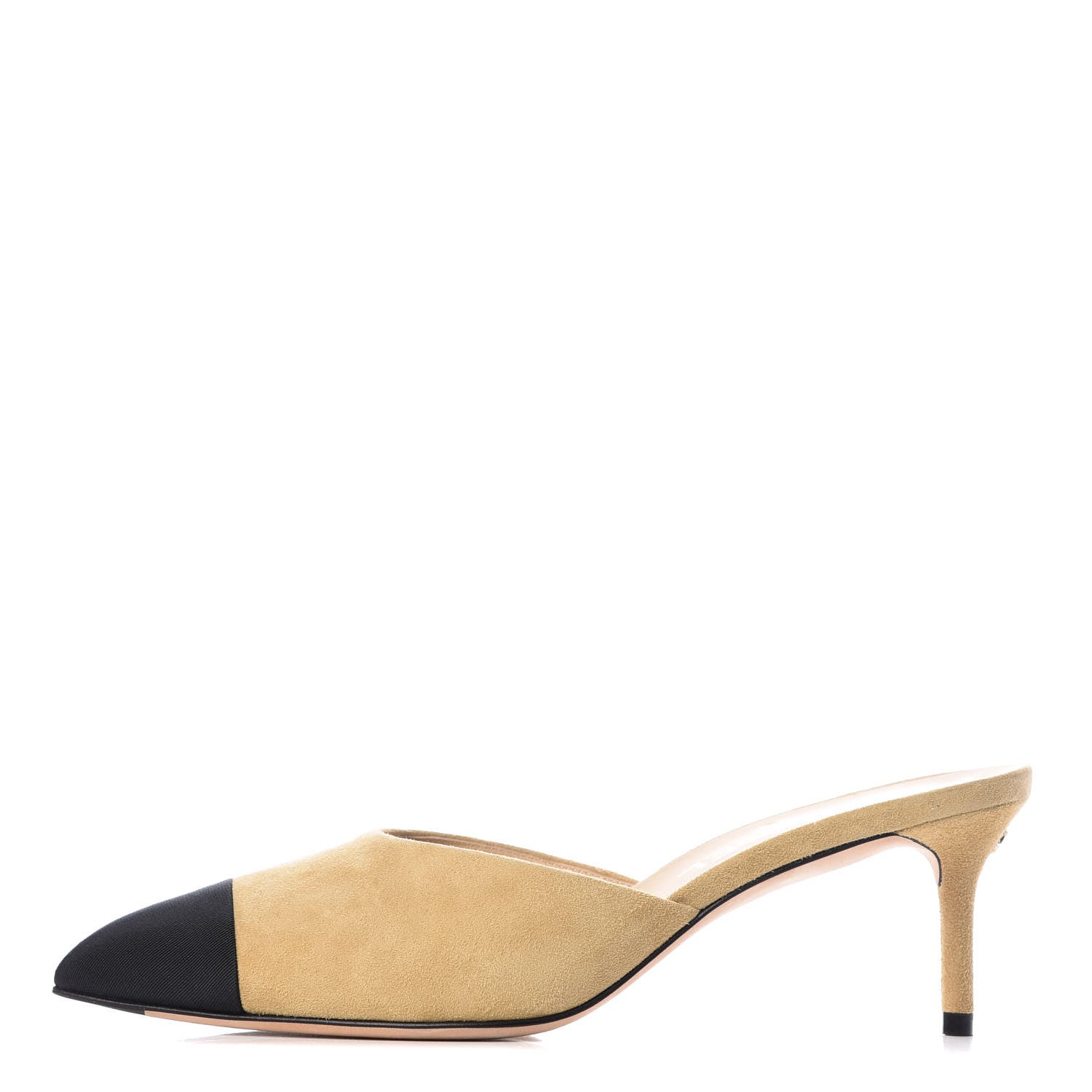 Chanel Suede Grosgrain Cap Toe CC Mules 38 Beige Black 1 of 10