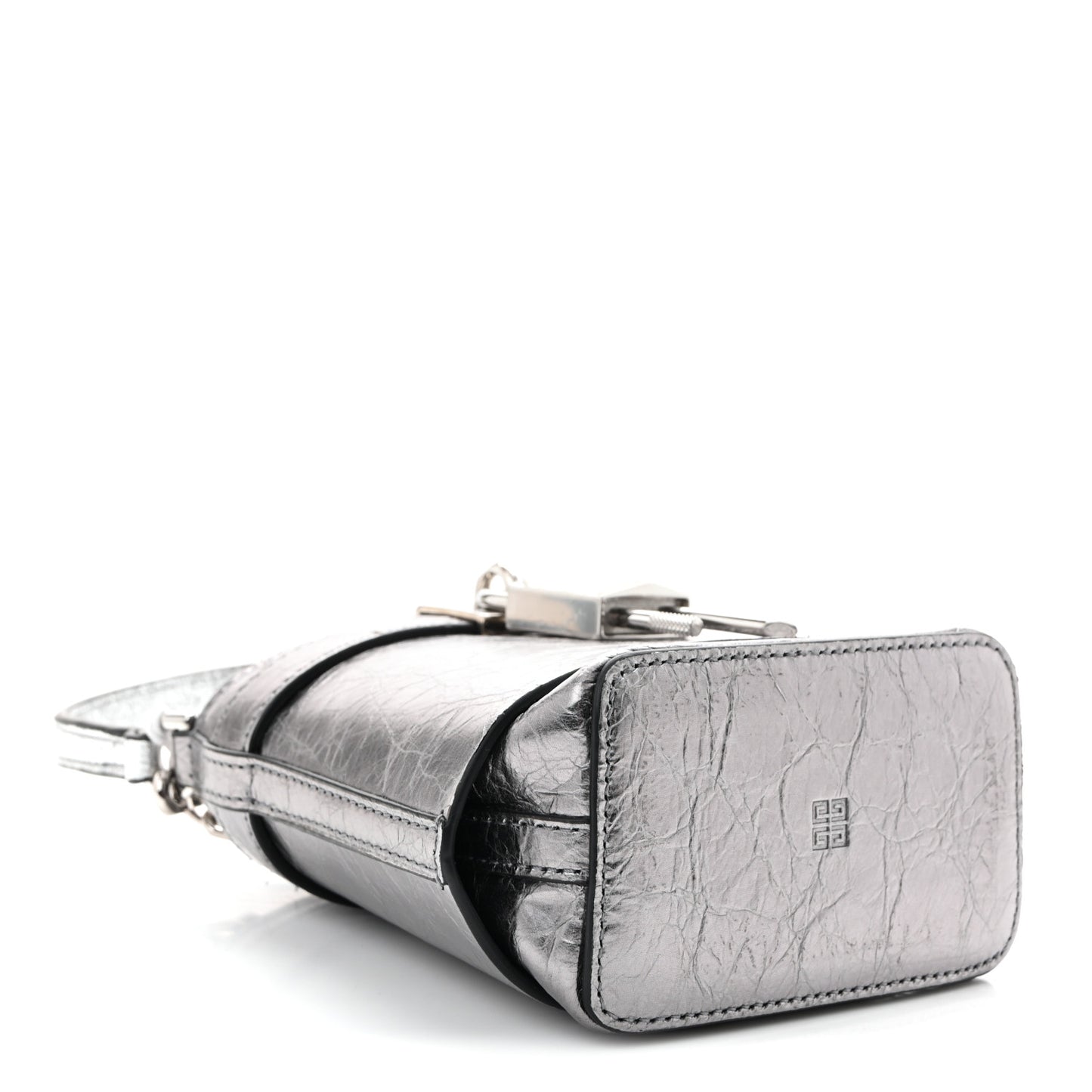 Laminated Lambskin Micro Shark Lock Bucket Bag Silvery Grey