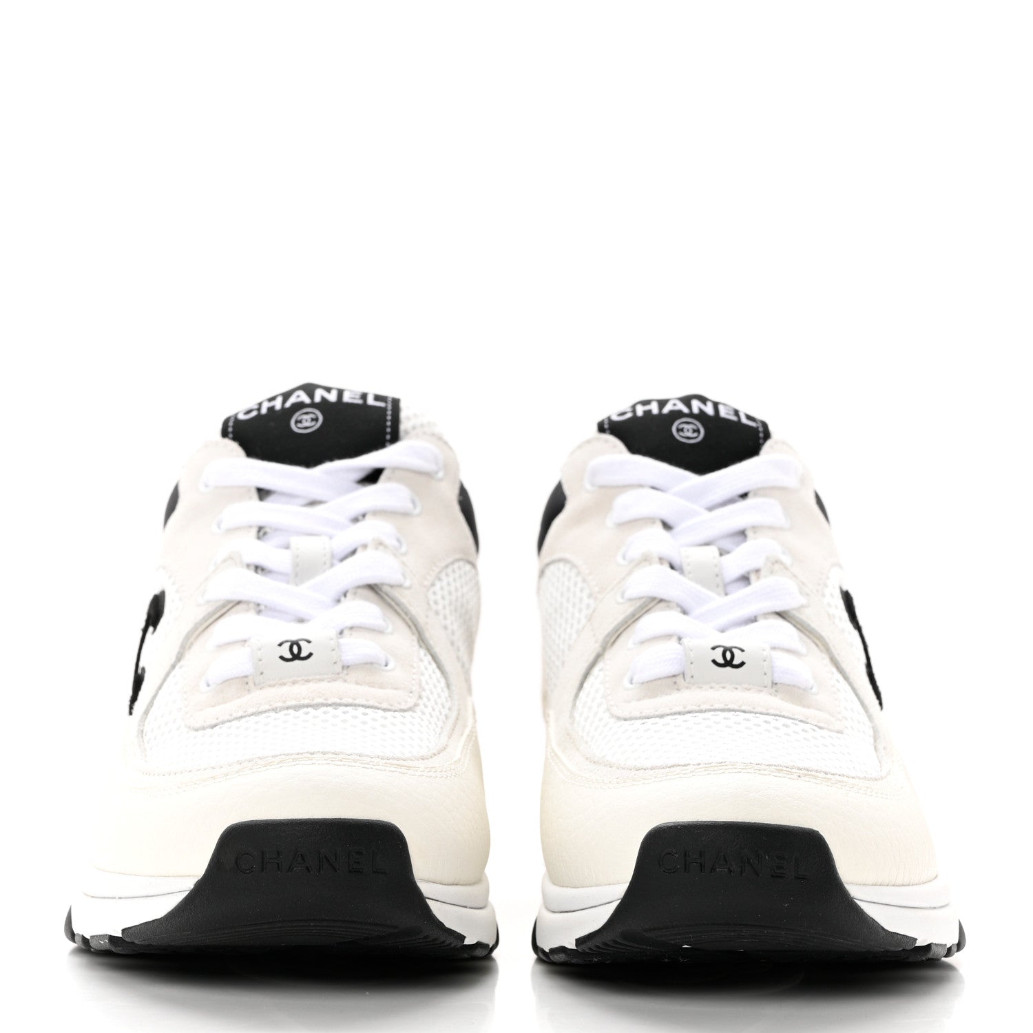 Chanel Mesh Suede Calfskin Grained Calfskin Womens CC Sneakers 37 White Black 2 of 8