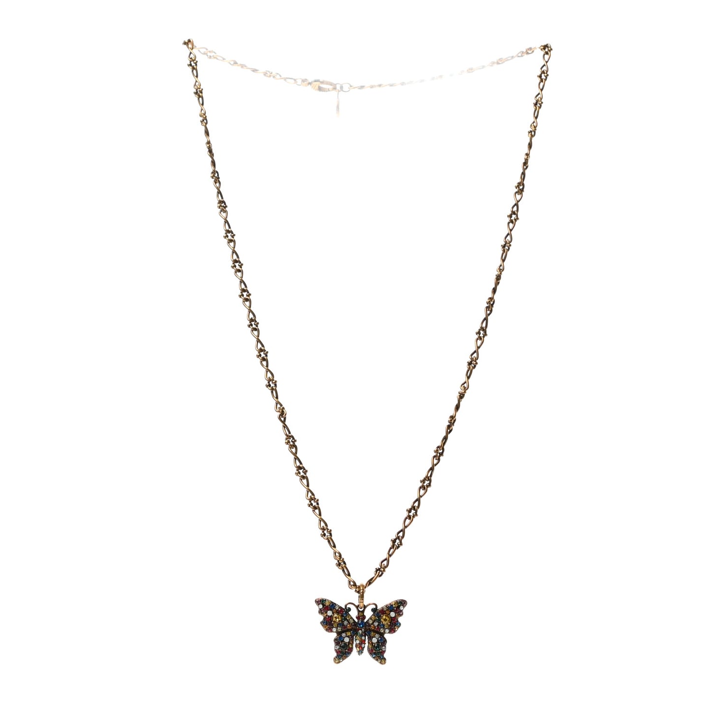 Metal Crystal Butterfly Necklace Aged Gold Multicolor