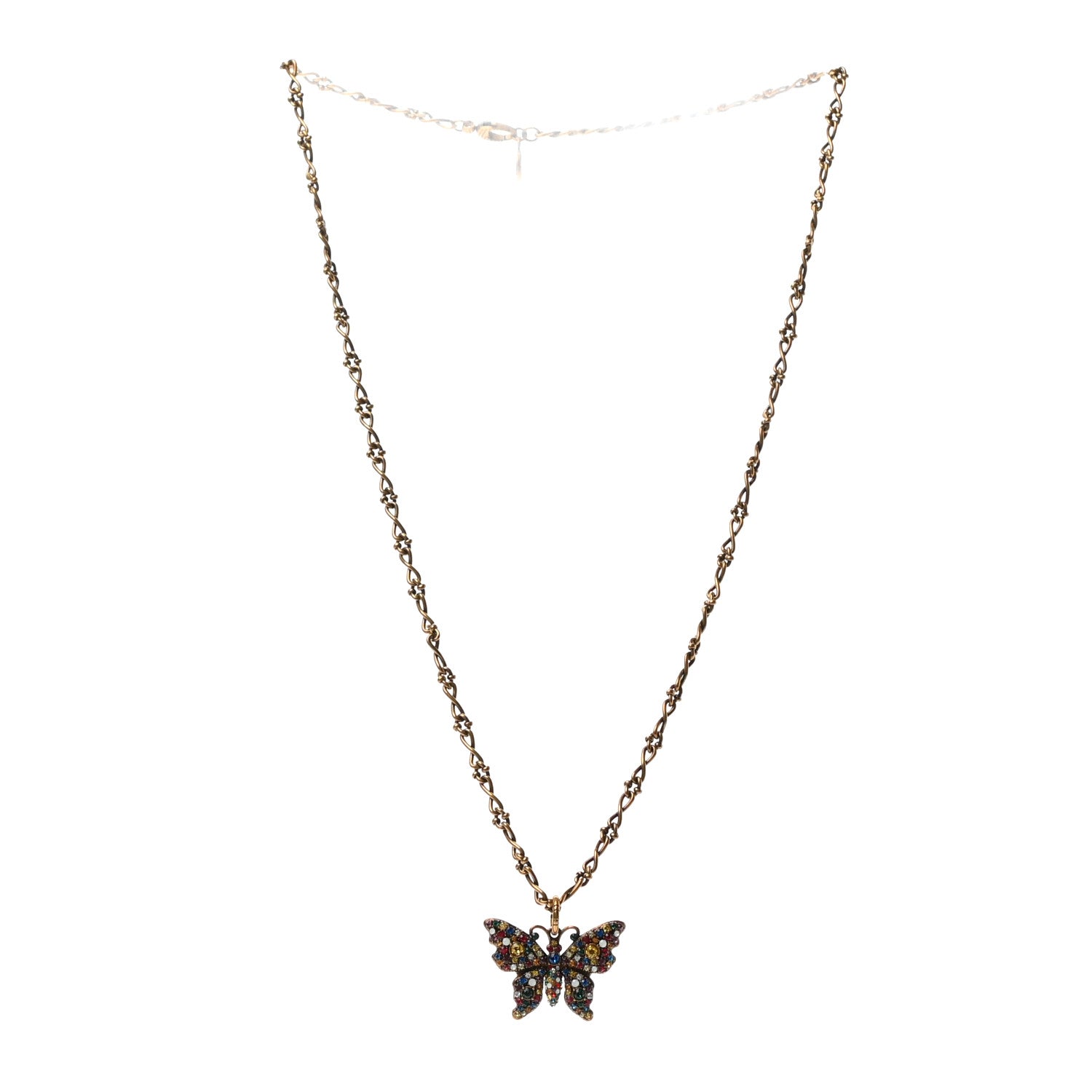 Gucci Metal Crystal Butterfly Necklace Aged Gold Multicolor 3 of 5