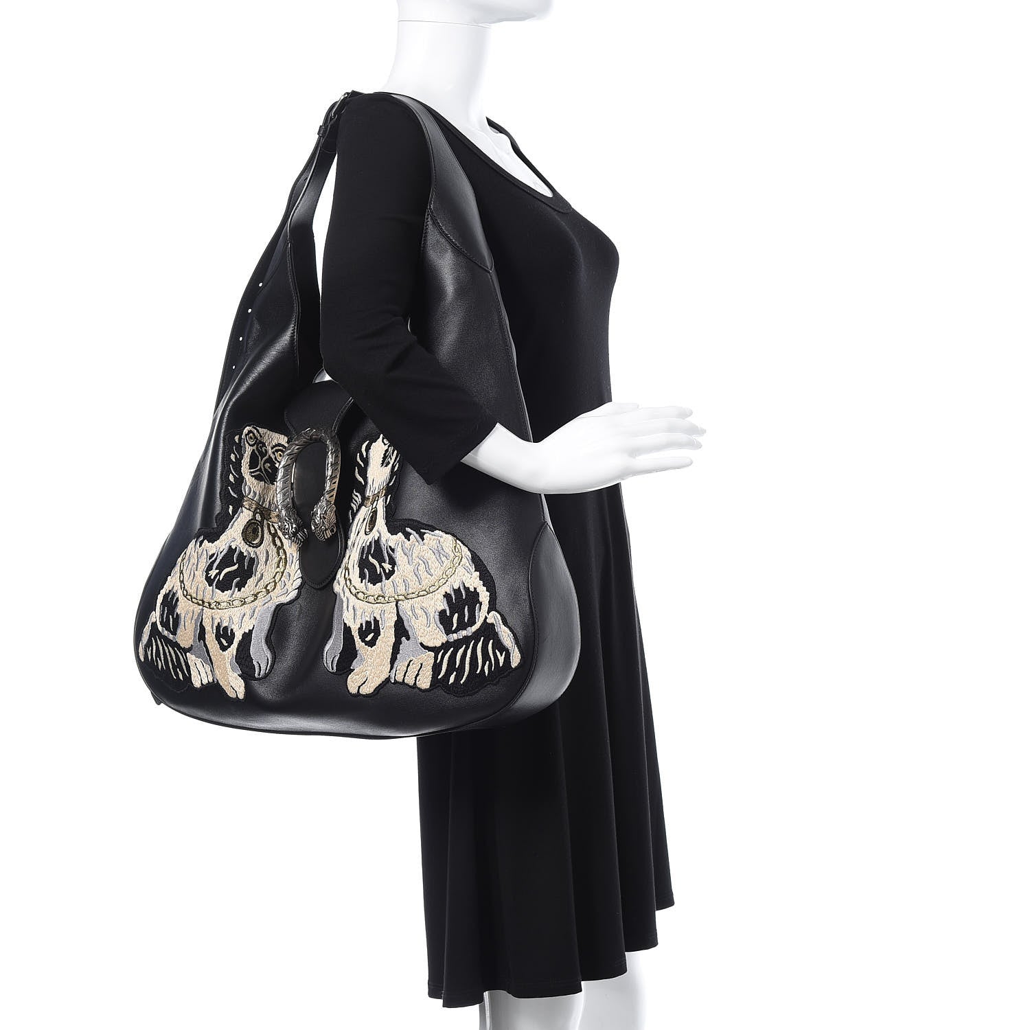 Gucci Calfskin Dog Embroidered Extra Large Dionysus Hobo Black 2 of 13