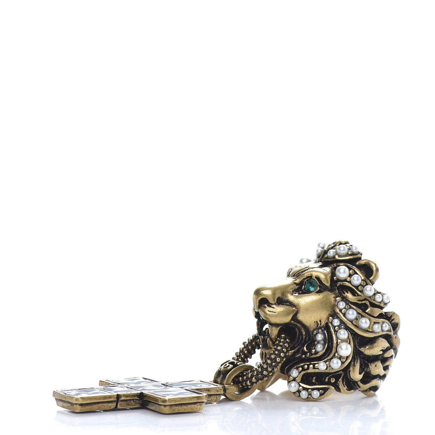 Metal Crystal Pearl Lion Head Crucifix Ring S Gold Black