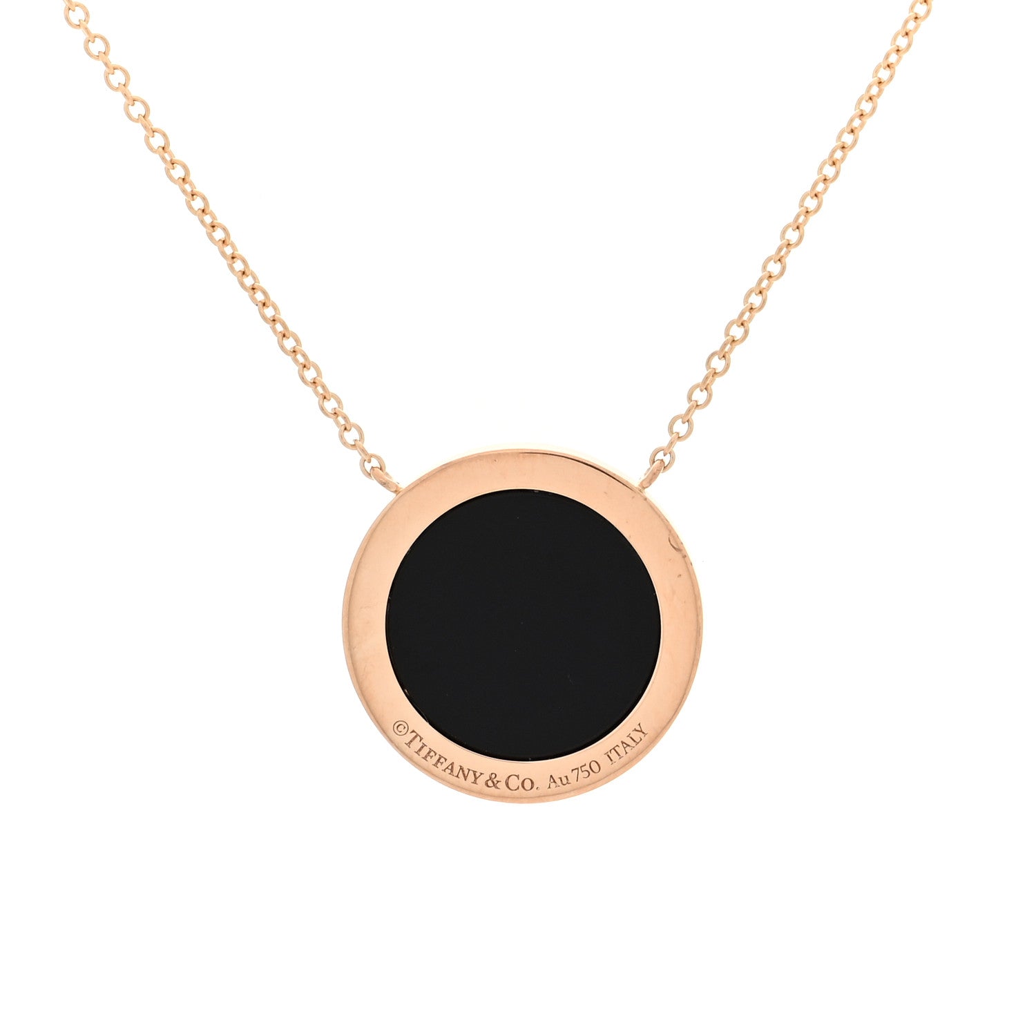 Tiffany 18K Yellow Gold Diamond Black Onyx 16mm T Circle Pendant Necklace 4 of 5