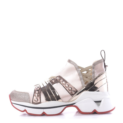 Christian Louboutin Satin Metallic Calfskin Glitter Specchio Studded 123 Run Flat Sneakers 37 Nude 1 of 10