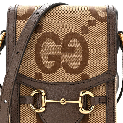 Gucci Monogram Jumbo GG Textured Dollar Calfskin Mini Horsebit 1955 Crossbody Bag Camel Ebony New Acero 8 of 11