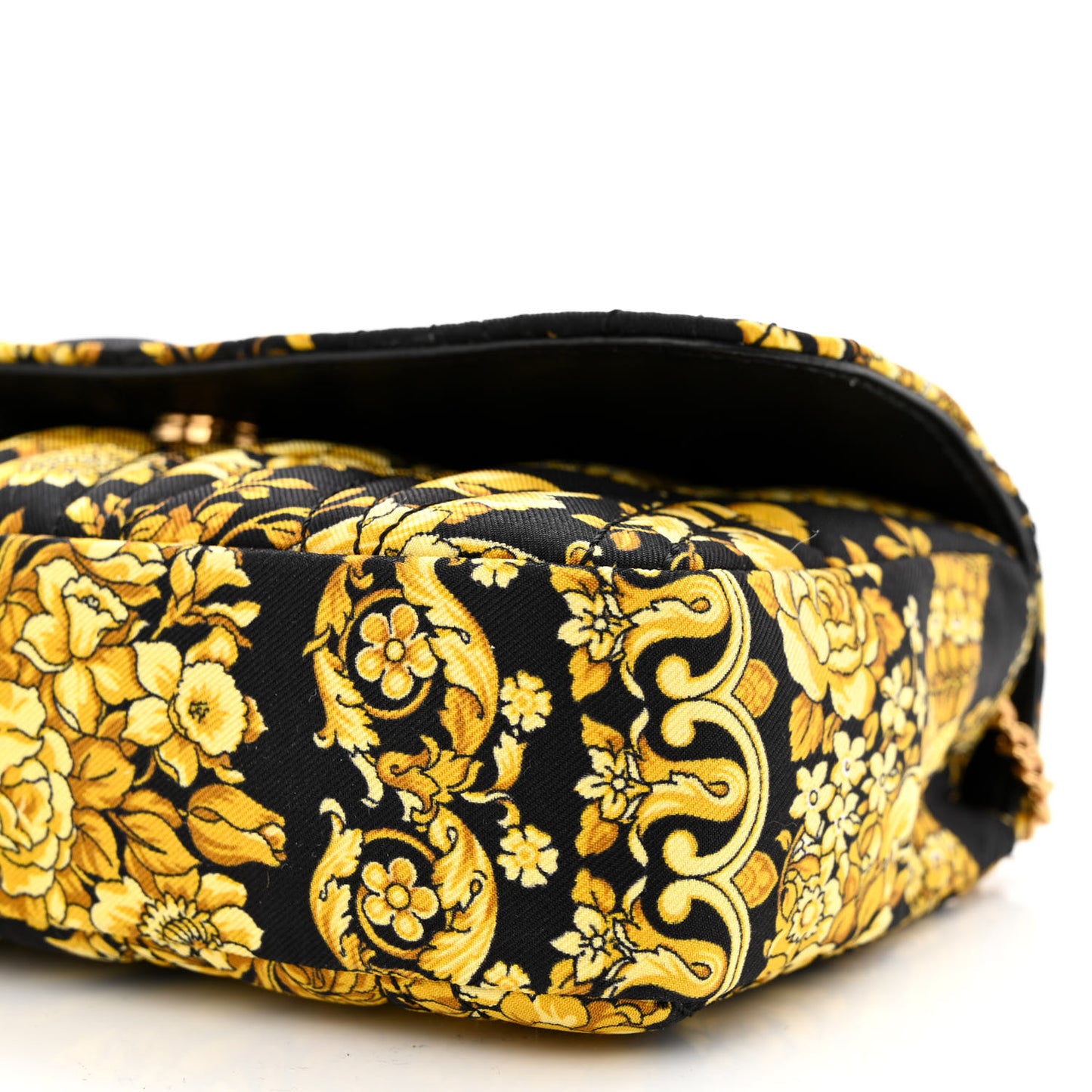 Silk Barocco Printed Quilted Virtus V Mini Chain Flap Shoulder Bag Black Gold