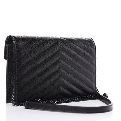Saint Laurent Grain De Poudre Matelasse Chevron Monogram Envelope Chain Wallet Black 3 of 9