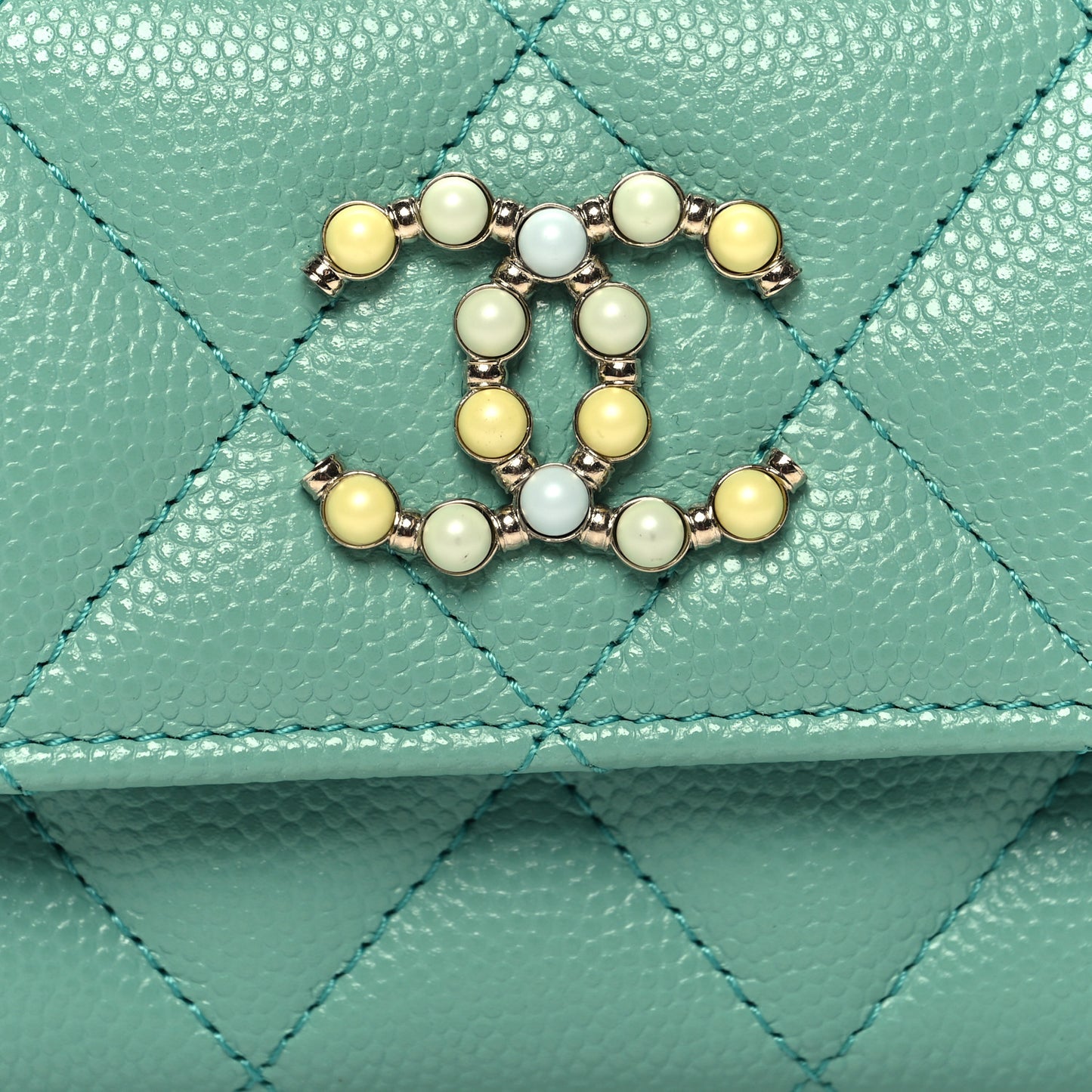 Caviar Pearl Quilted Coco Candy Flap Card Holder Turquoise