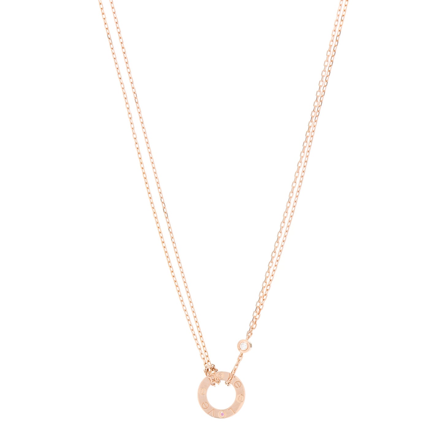 18K Pink Gold 1 Diamond 1 Pink Sapphire LOVE Necklace