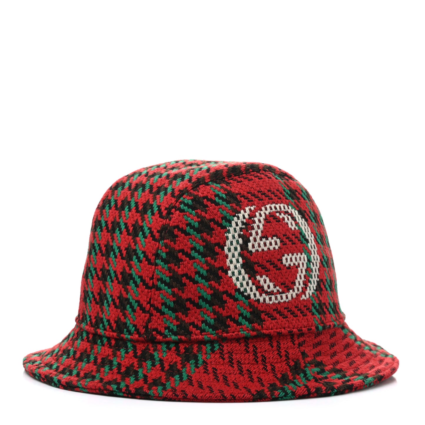 Tweed Wool Houndstooth Interlocking G Bucket Hat M Red Green