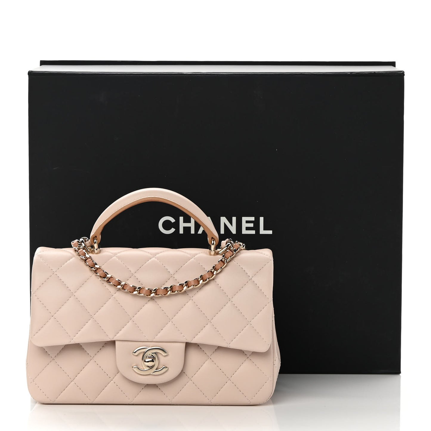 Lambskin Quilted Bi-Color Mini Top Handle Rectangular Flap Ecru Dark Beige