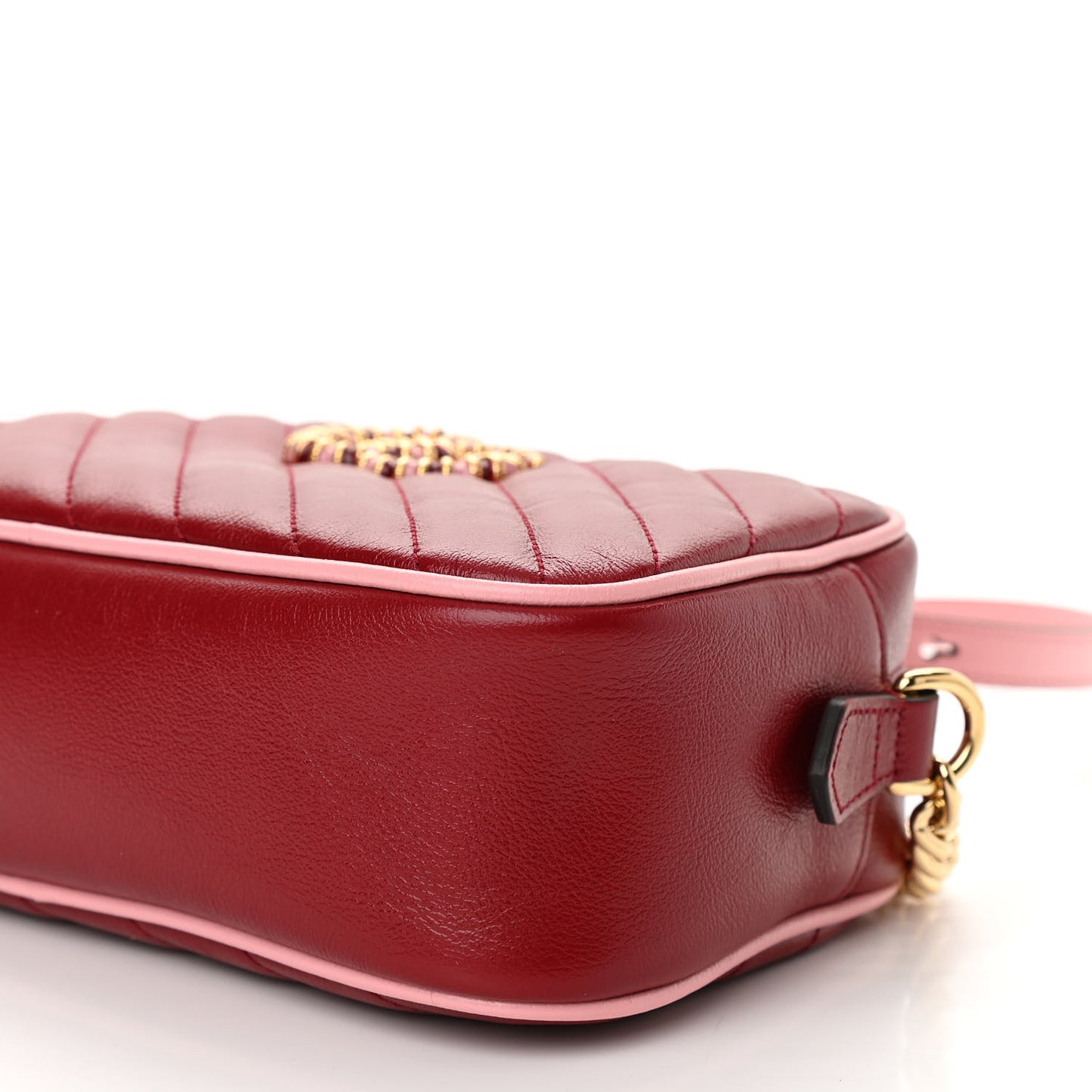 Azalea Calfskin Enamel Matelasse Diagonal Small Torchon GG Marmont Chain Shoulder Bag New Cherry Red Wild Rose