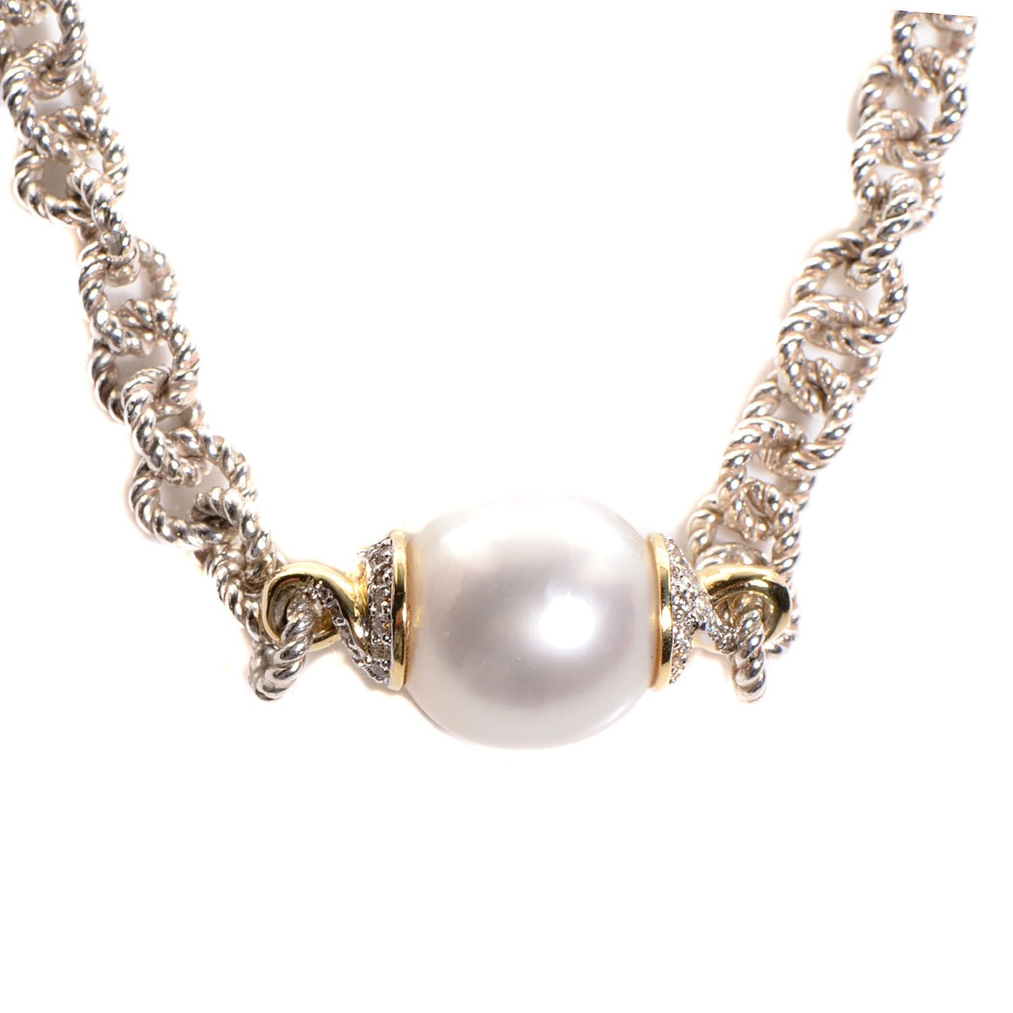 Sterling Silver 18K Gold Pearl Pave Diamond Cable Link Necklace