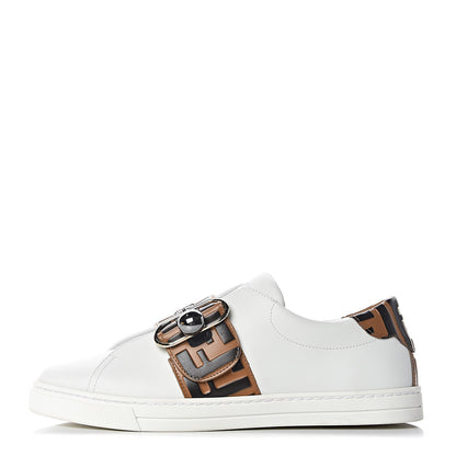 Fendi Vitello FF Embossed Pearland Slip On Sneakers 37 White Tobacco Moro 1 of 8