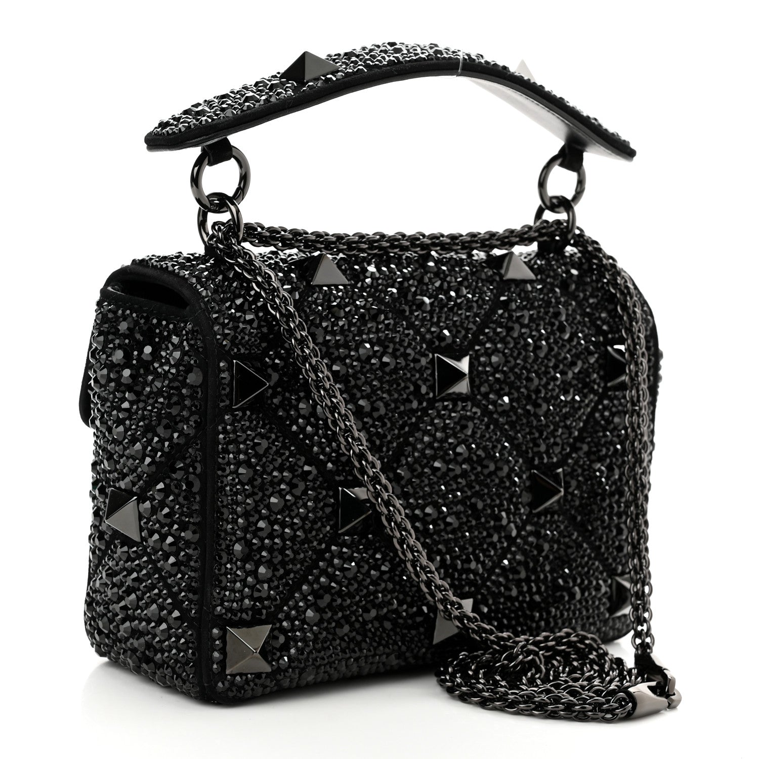 Valentino Garavani Crystal Suede Lacquer Monochrome Medium Roman Stud Shoulder Bag Black 2 of 9