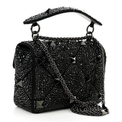 Valentino Garavani Crystal Suede Lacquer Monochrome Medium Roman Stud Shoulder Bag Black 2 of 9