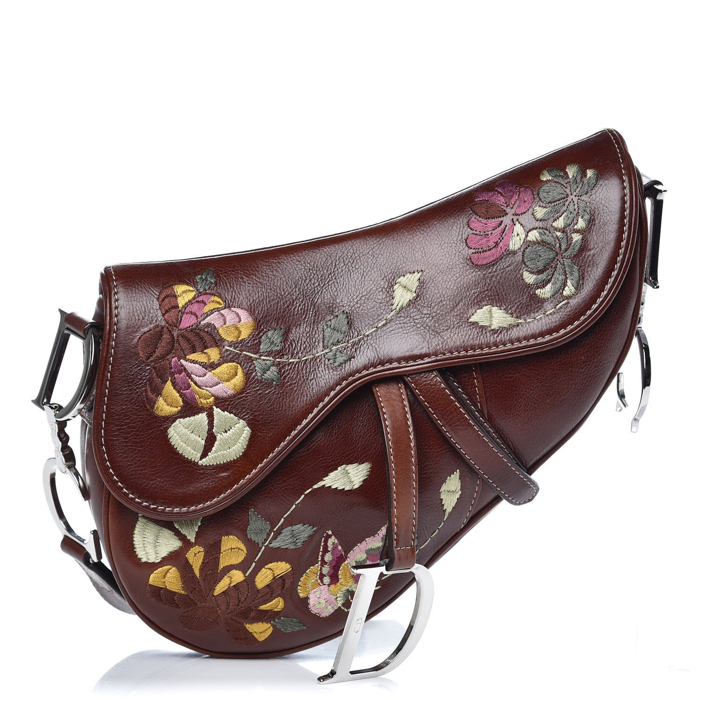 Calfskin Embroidered Romantic Flowers Saddle Bag Brown