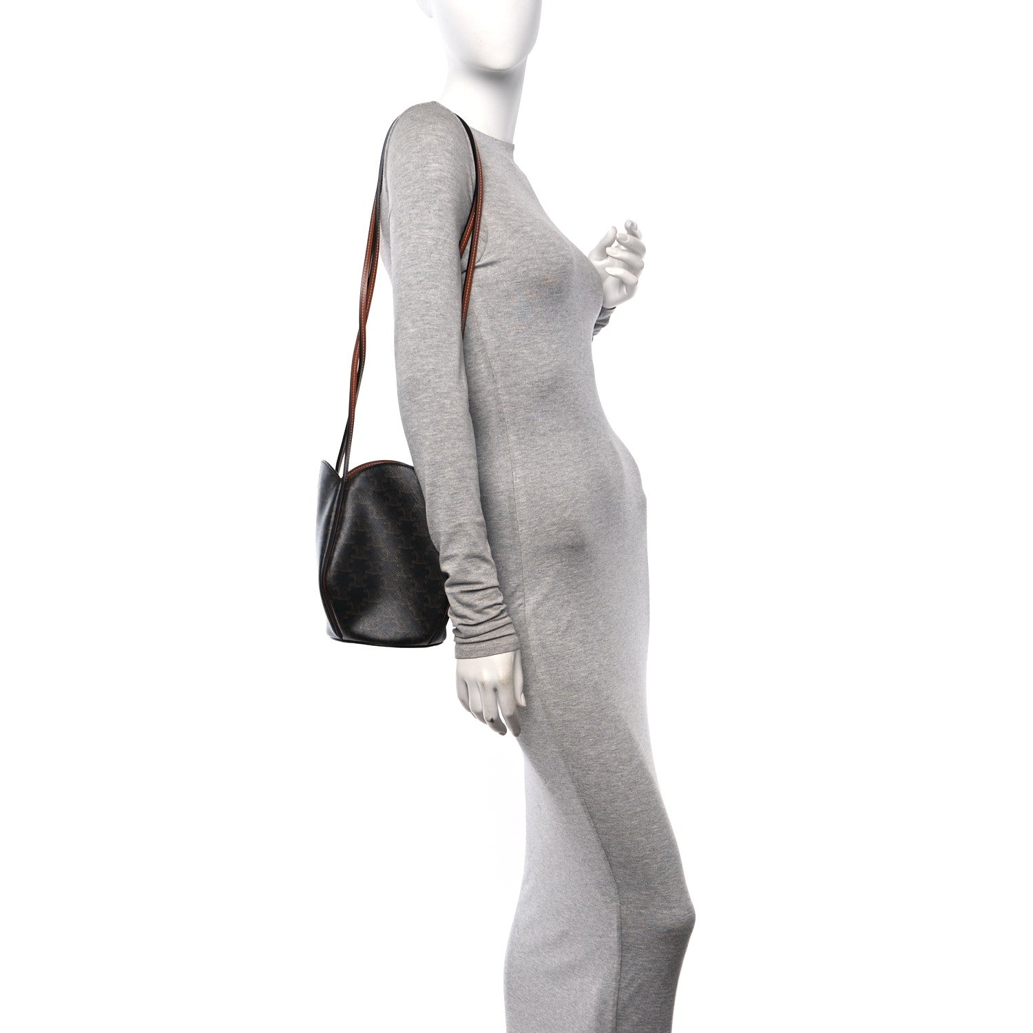 Celine Triomphe Canvas Calfskin Marlou Bucket Bag Tan 2 of 11