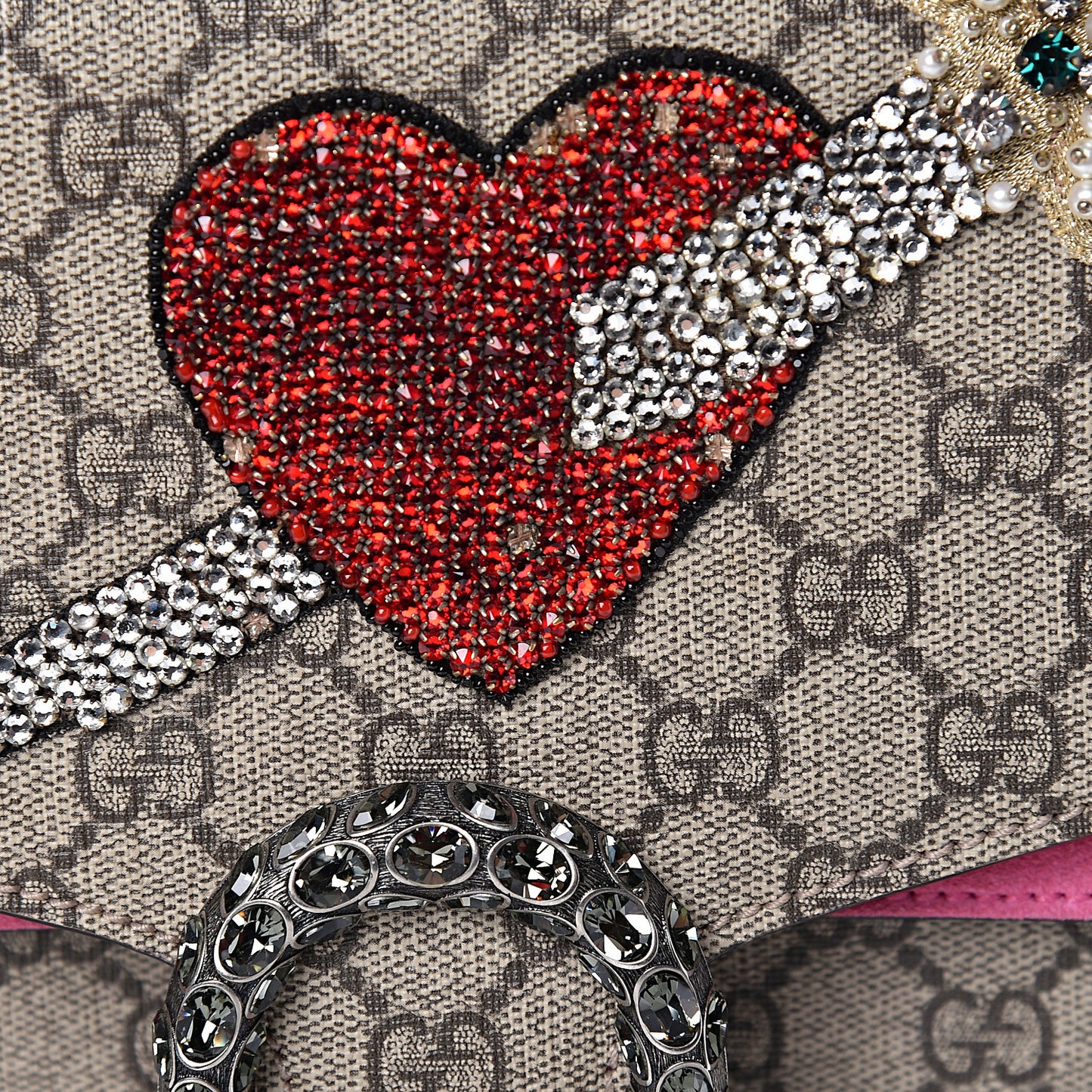 GG Supreme Monogram Suede Pierced Heart Embroidered Medium Dionysus Shoulder Bag Beige Ebony Pink Tropical Flower