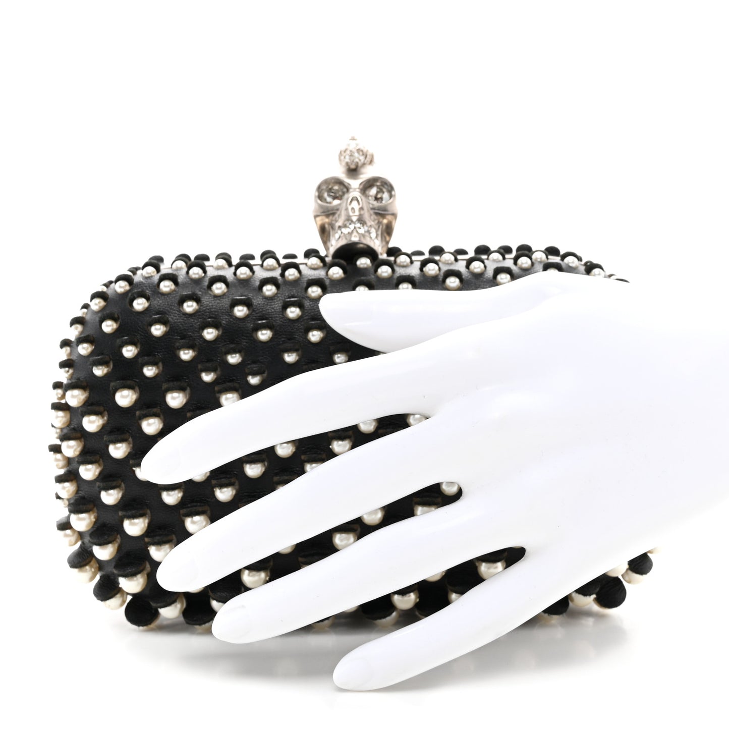 Pearl Embellished Calfskin Skull Box Clutch Black