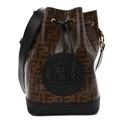 Fendi Glazed Fabric Vitello Grace F is Fendi FF 1974 Stamp Patch Grande Mon Tresor Bucket Bag Mogano Panna Black 1 of 9