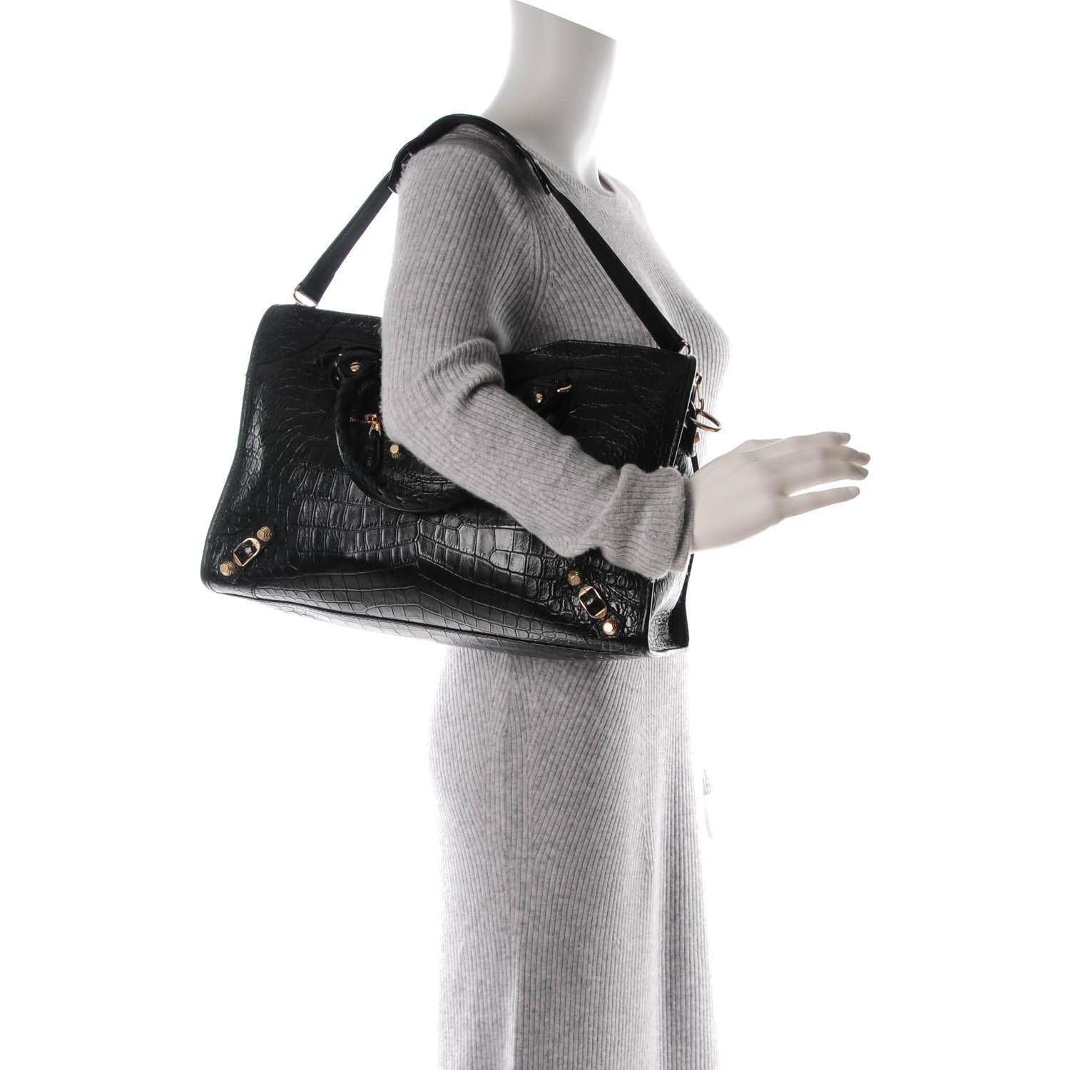 Balenciaga Calfskin Crocodile Embossed Giant 12 Gold Hardware City Black 2 of 8