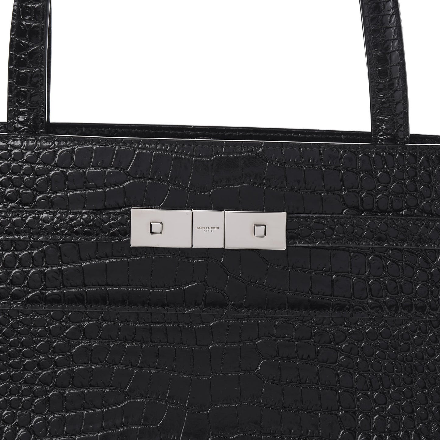 Shiny Calfskin Crocodile Embossed Medium Manhattan Shopper Tote Black