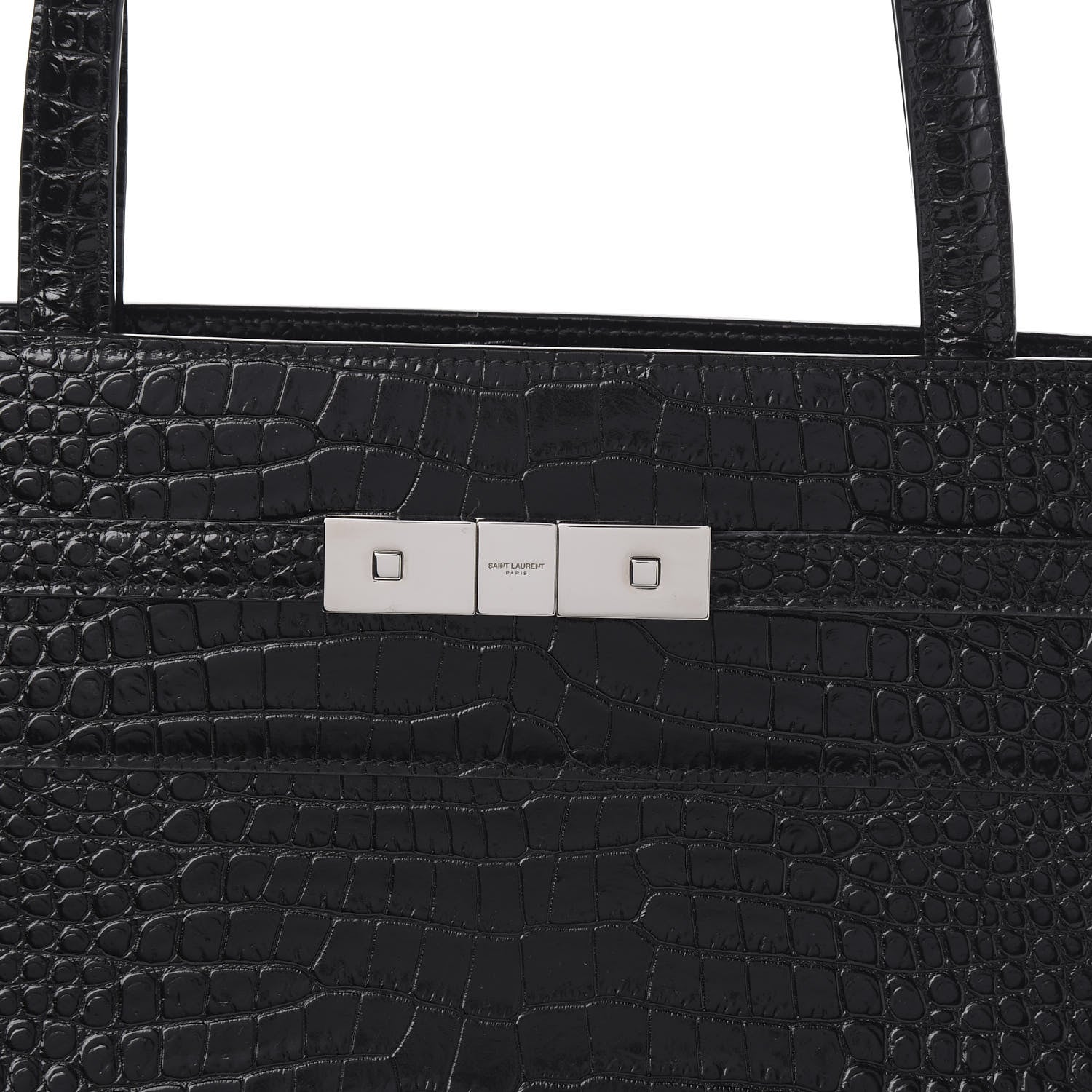 Saint Laurent Shiny Calfskin Crocodile Embossed Medium Manhattan Shopper Tote Black 9 of 9