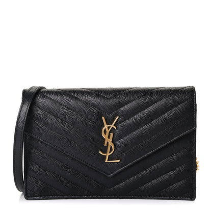 Saint Laurent Grain De Poudre Matelasse Chevron Monogram Envelope Chain Wallet Black 1 of 4