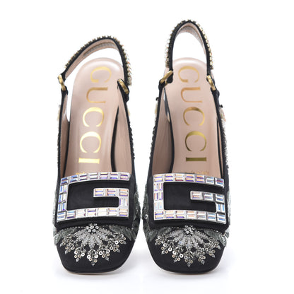 Gucci Moire Fabric Eyes Crystal Square G Madelyn Slingbacks 36 Black 5 of 10