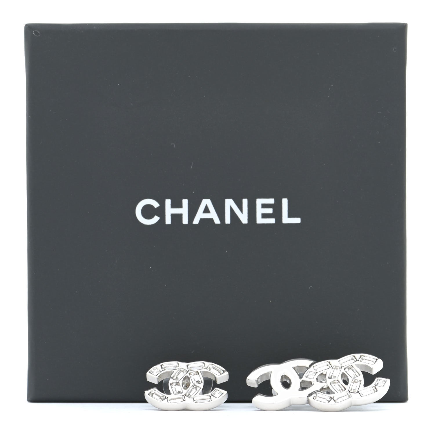Chanel Baguette Crystal Double CC Earrings Silver 6 of 6