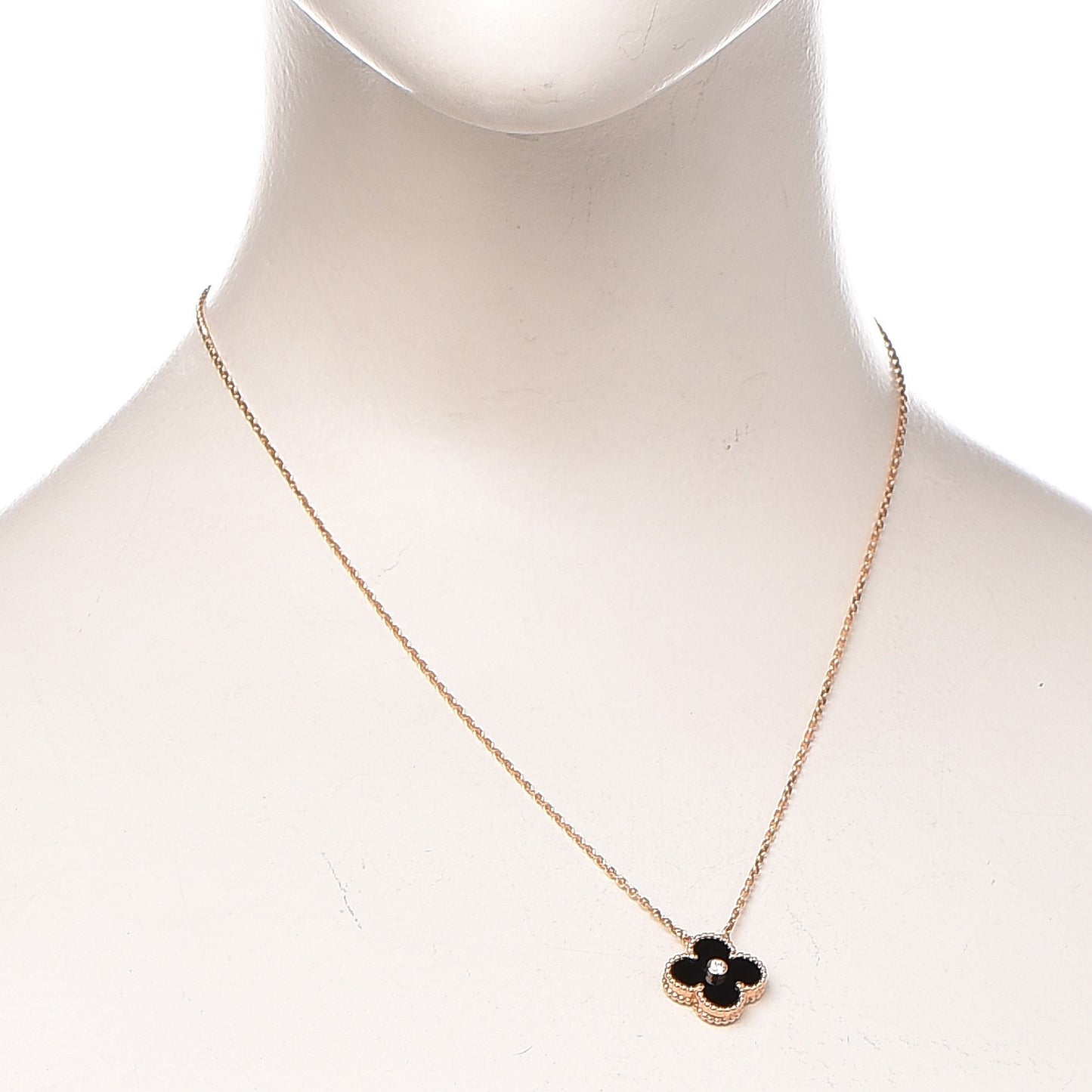 18K Rose Gold Diamond Black Onyx Vintage Alhambra Pendant Necklace