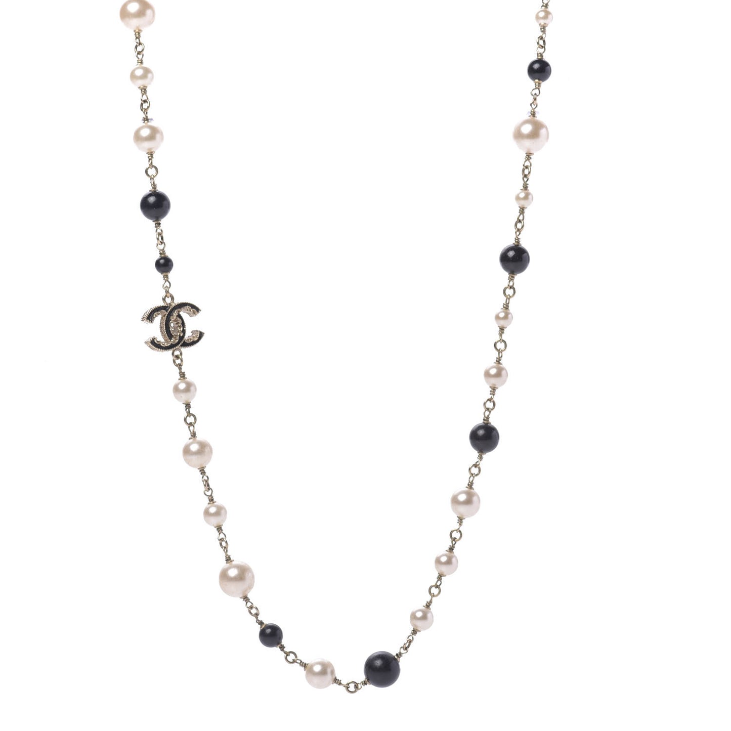 Pearl Bead Enamel CC Long Necklace Black Gold