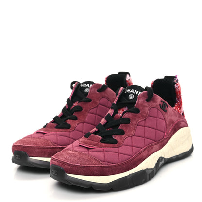 Chanel Tweed Suede Calfskin Grained Calfskin Womens CC Sneakers 41 Burgundy Black Silver 3 of 10