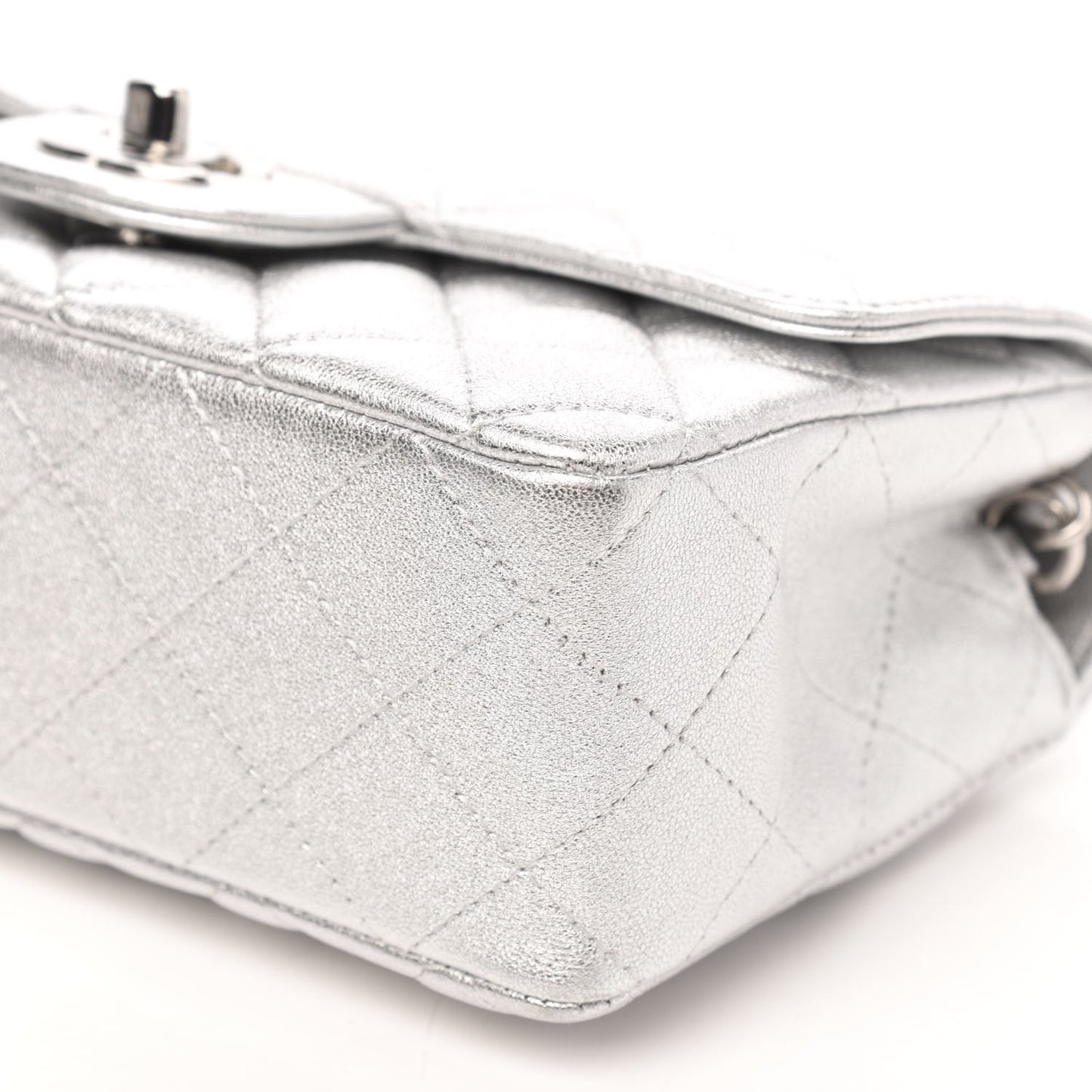 Metallic Lambskin Quilted Mini Rectangular Flap Silver
